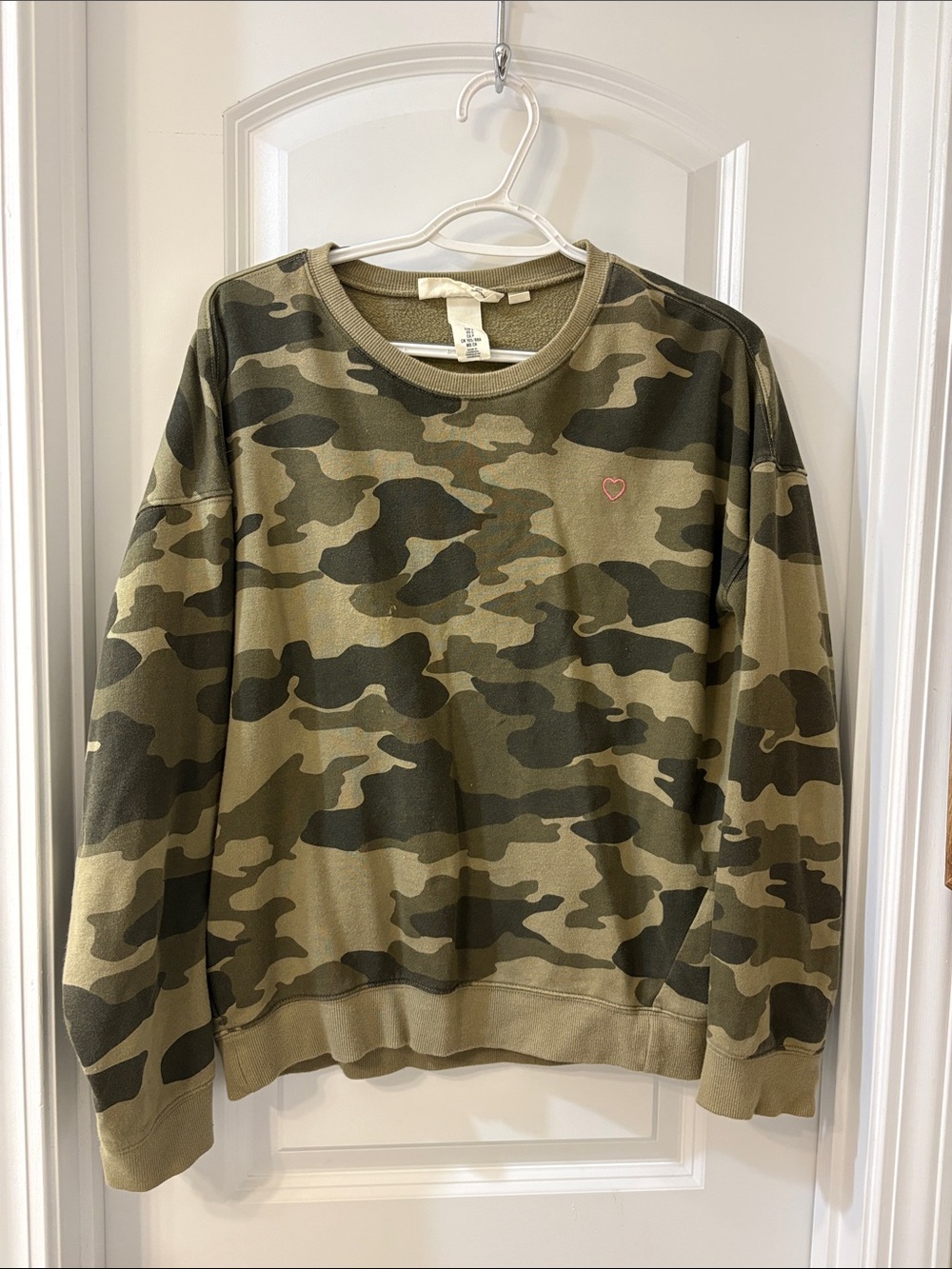 H&M Olive Green Camo Crewneck Sweater with Pink Heart